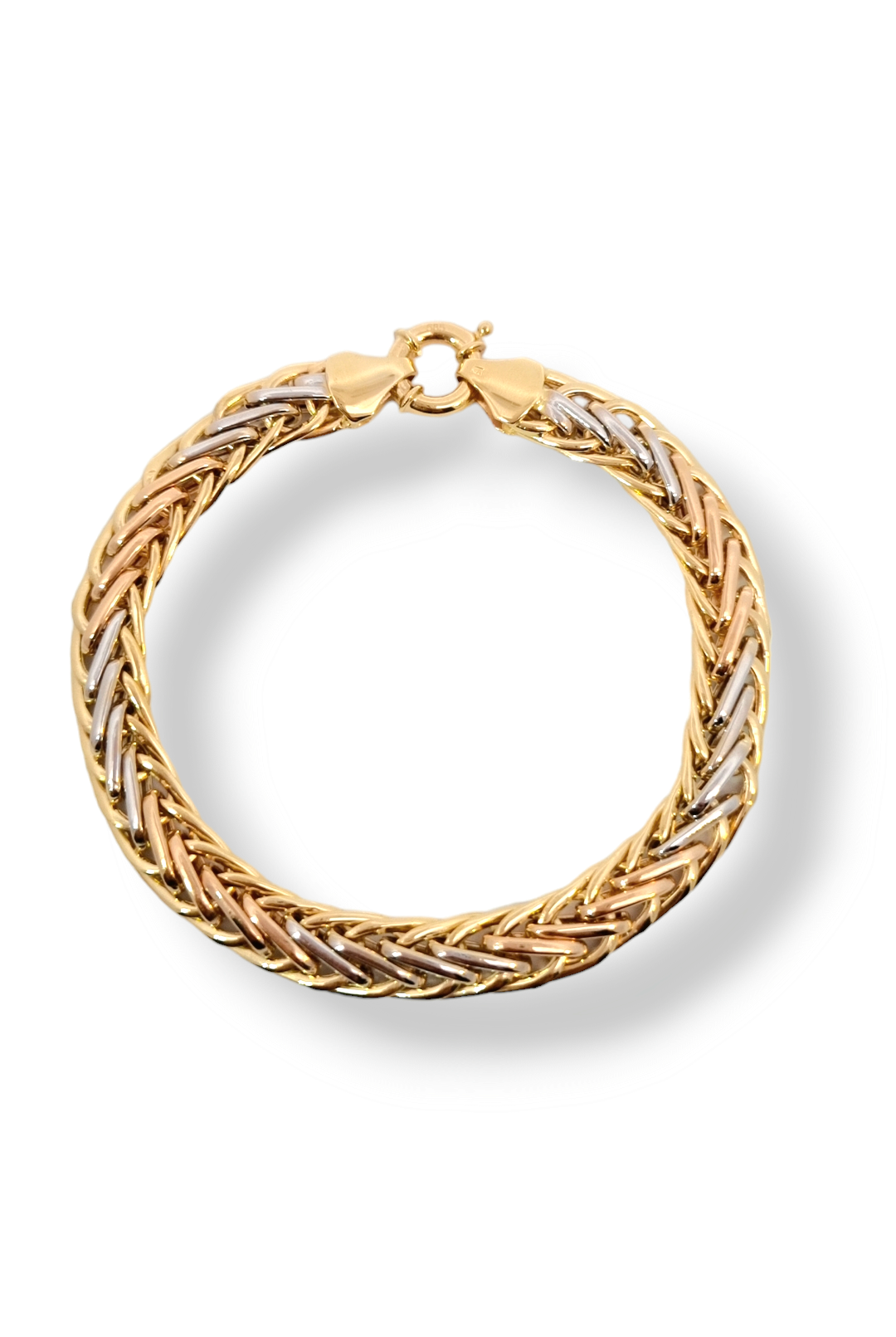 Deze armband van Louis Bros is vervaardigd uit 14 karaat tricolor geel-wit-roze (10.89 gr.) .De armband heeft een breedte van 8.15 mm en een dikte 4.25 mm .En een lengte van 20cm.Deze armband is echt een plaatje aan de vrouwenpols, tijdloos, draagbaar is voor dagelijks gebruik en voor speciale gelegenheden.